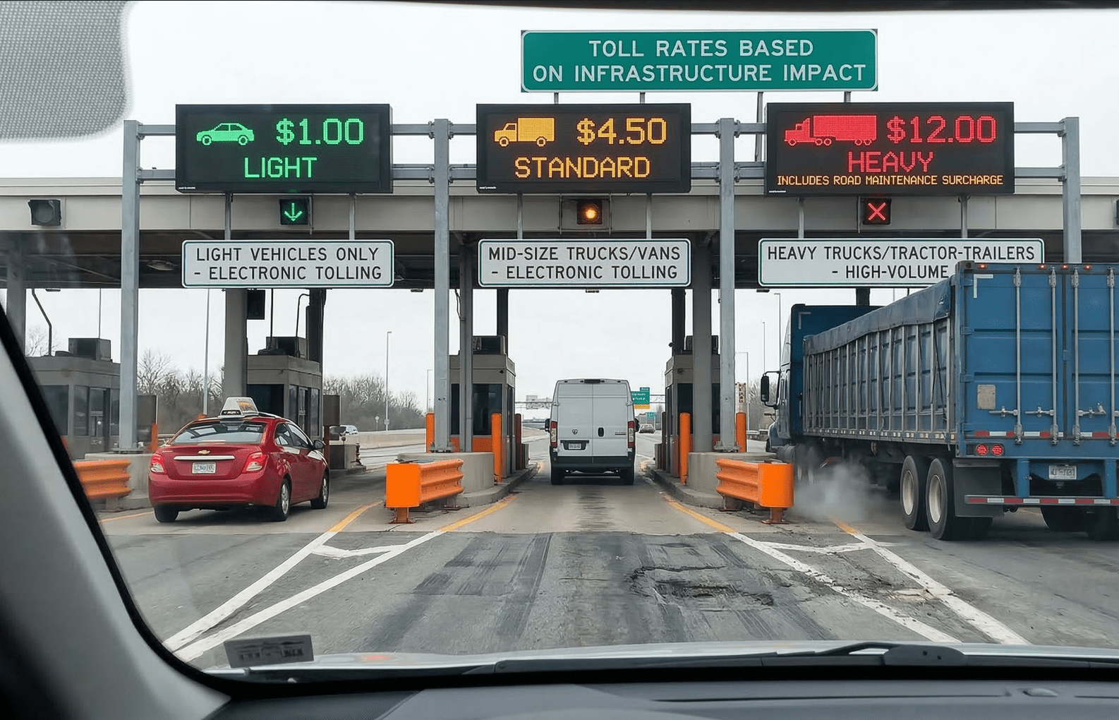 A toll plaza seen through a windshield: light, standard and heavy lanes, with a loaded truck in the heavy lane.