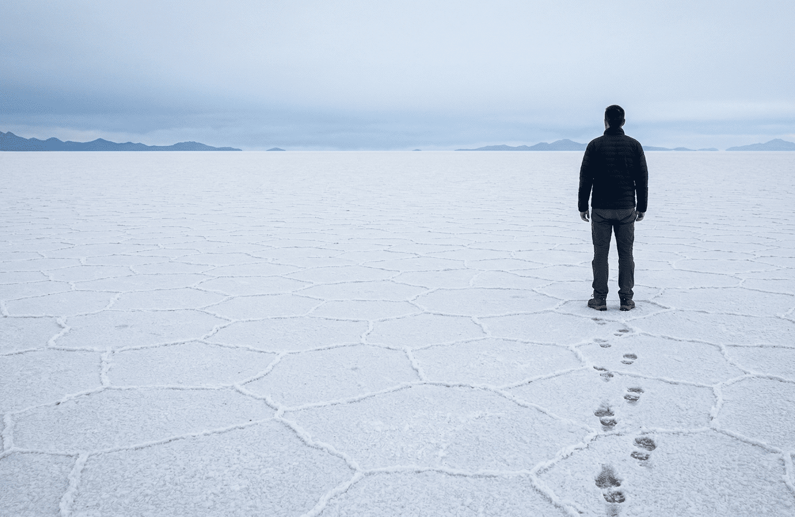 A man in a dark jacket stands on a vast salt flat of hexagonal crust, one trail of footprints behind him