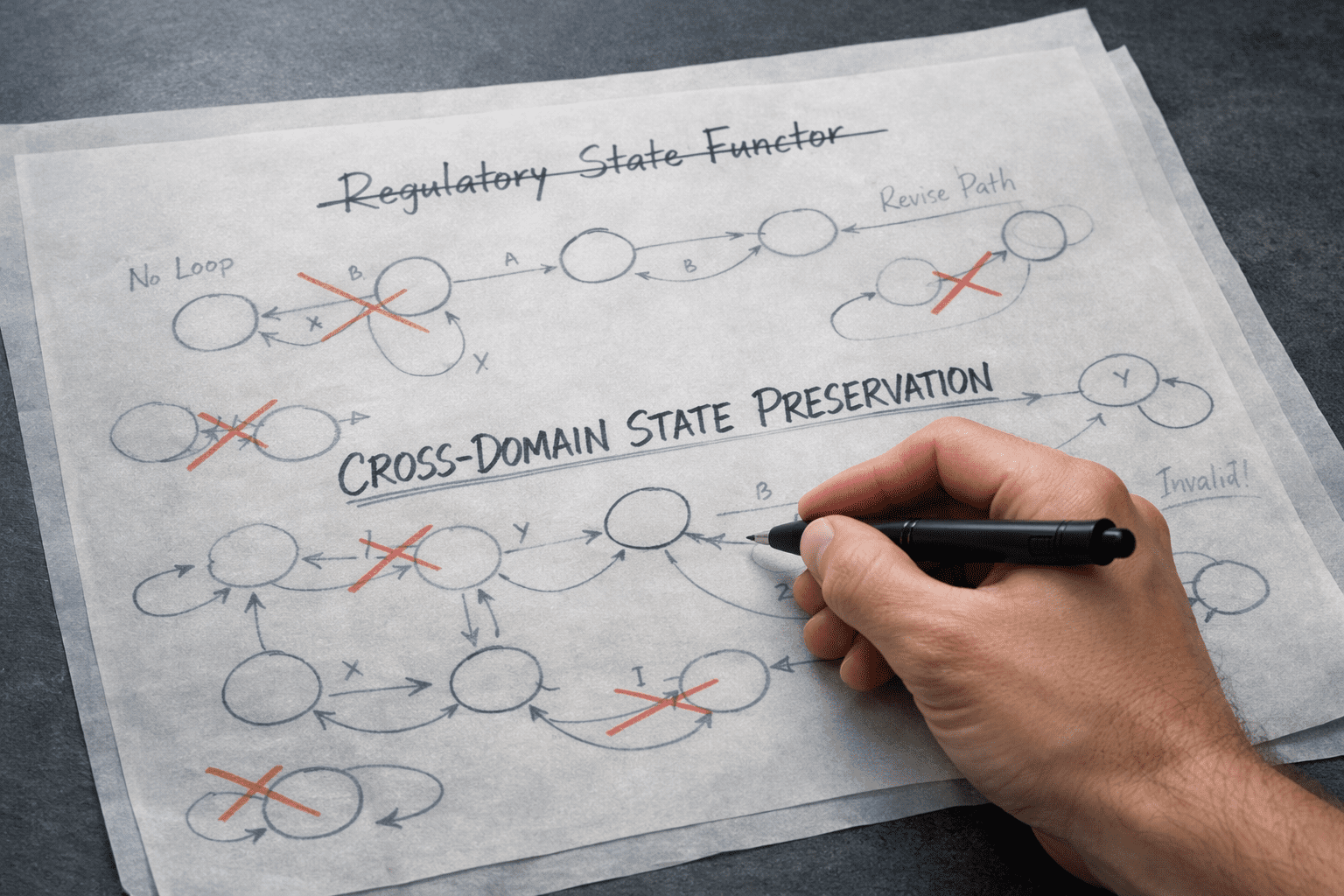 A hand with a pen striking out “Regulatory State Functor” and writing “Cross-Domain State Preservation” on tracing paper