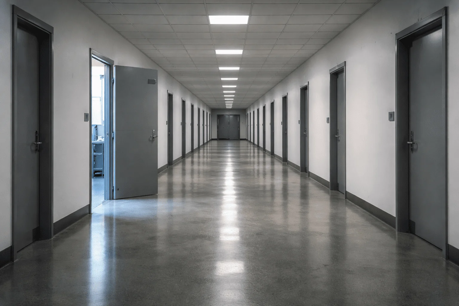 A long corridor of grey doors under fluorescent ceiling lights, one door standing open onto a bright room