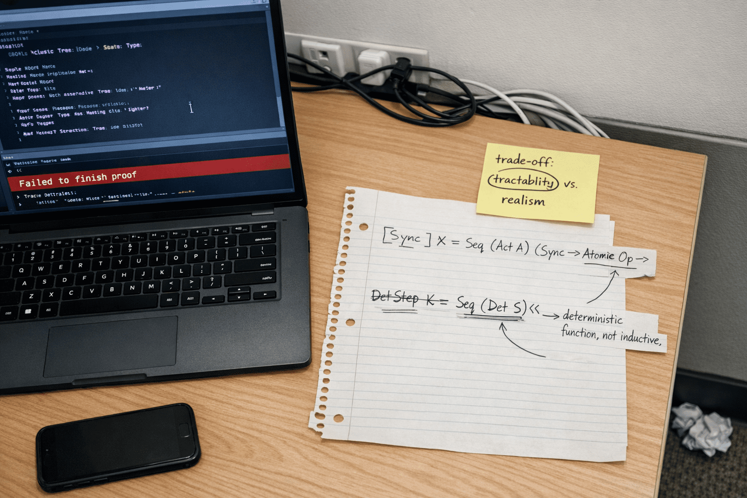 Laptop showing a failed proof beside handwritten sync notes and a sticky note reading tractability versus realism