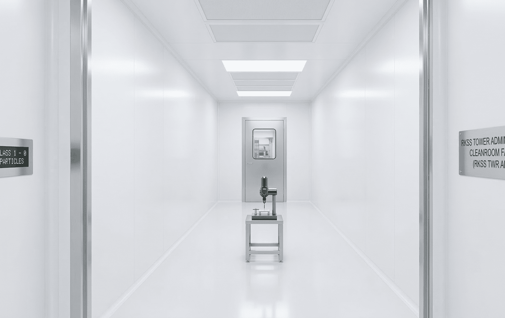 Bright cleanroom corridor with a single precision measuring instrument on a steel stand facing a distant door