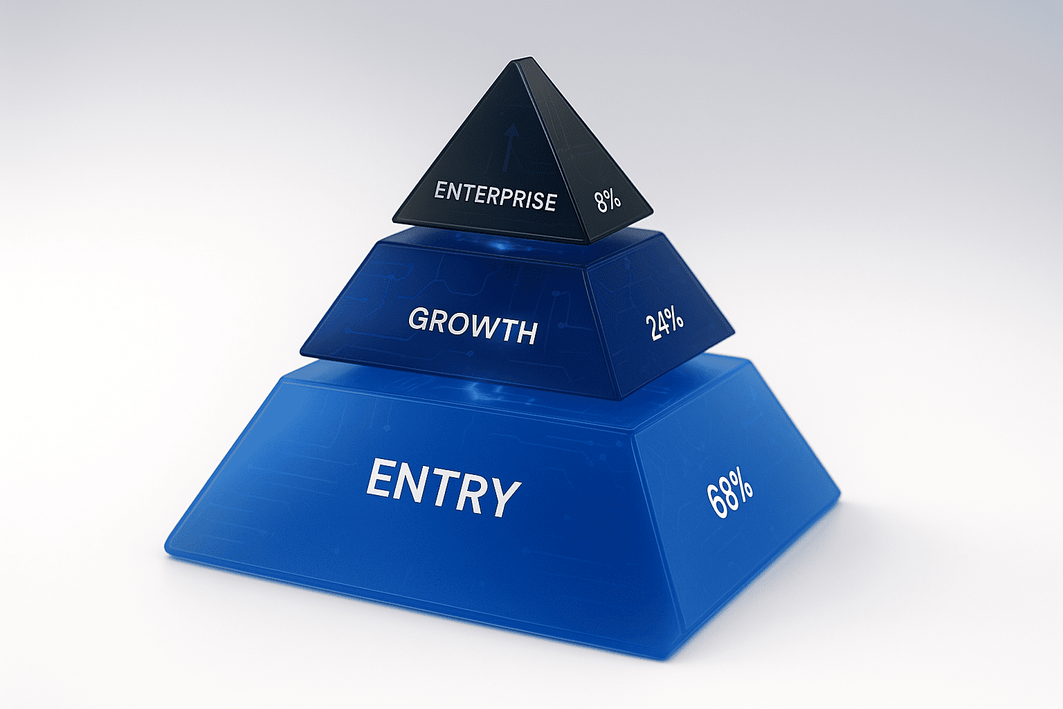 A three-tier blue pyramid labelled Entry 68%, Growth 24% and Enterprise 8%, from the wide base to the black apex.