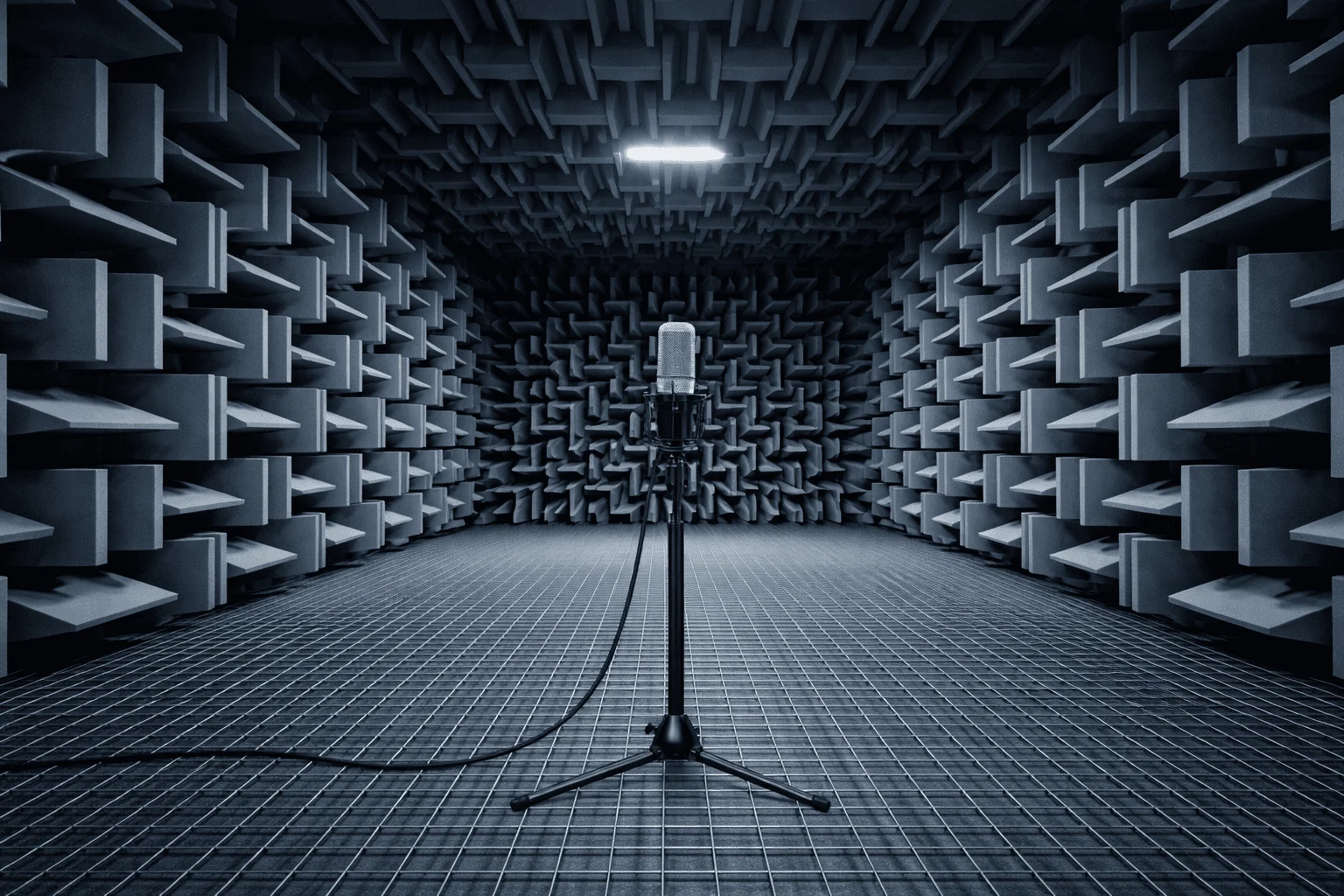 A studio microphone on a tripod in an empty anechoic chamber, foam wedges on every wall and a wire grid floor