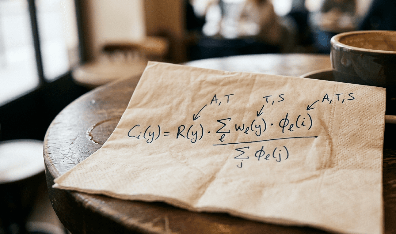 A café napkin with the reward distribution function handwritten in ink, layer letters A, T, S above its terms.