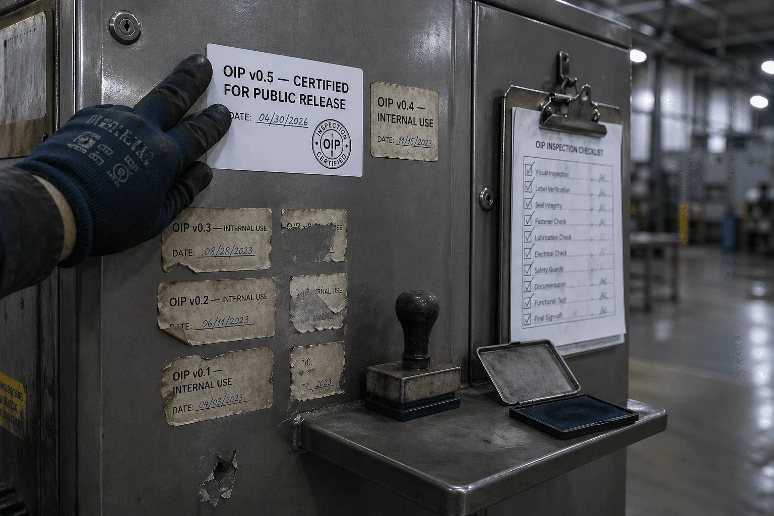 A gloved hand presses a white OIP v0.5 certification label onto a steel cabinet beside worn labels of older versions