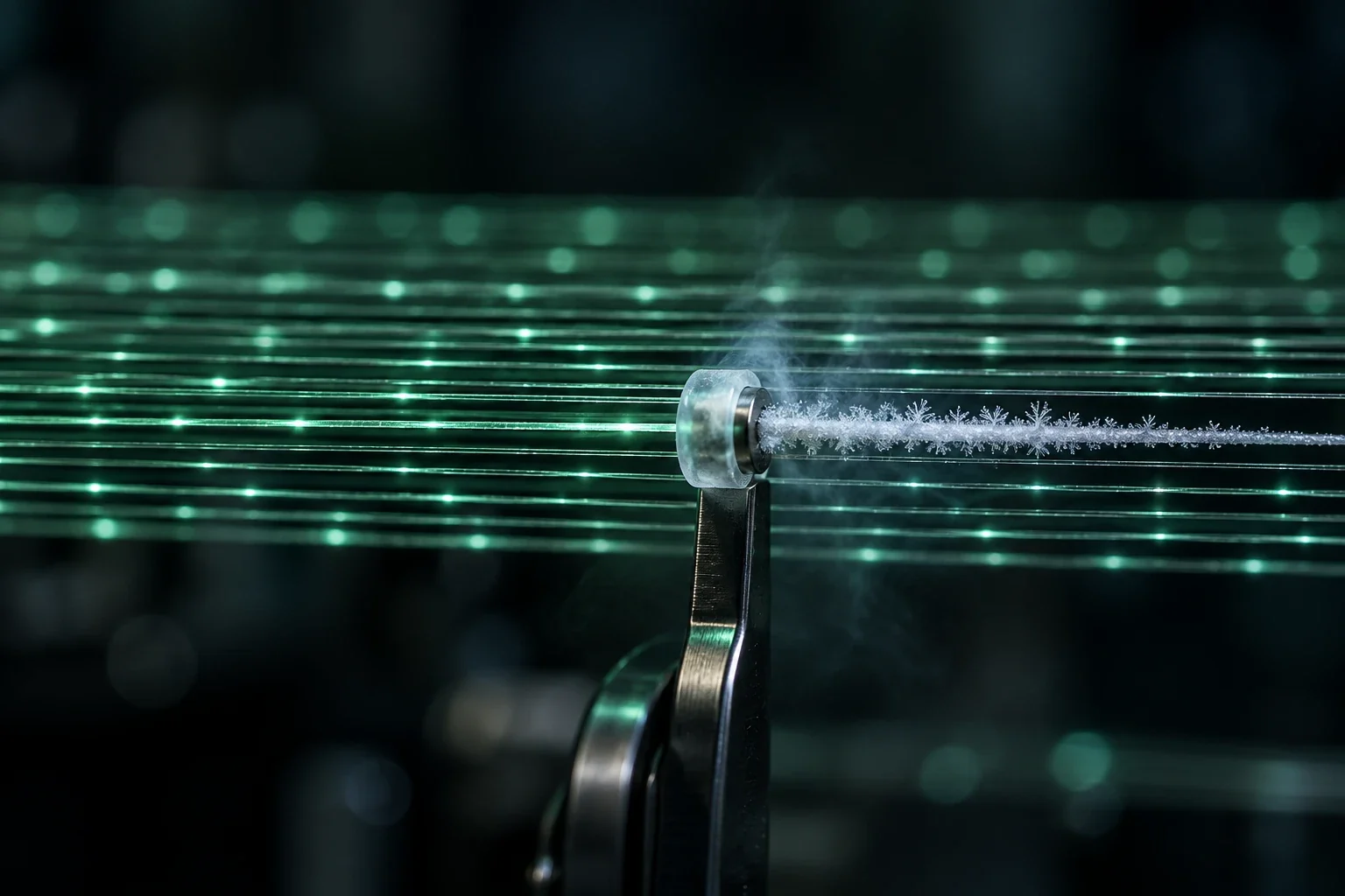 Solidity formal verification: a steel clamp frosts one strand in a bundle of glowing green fibers
