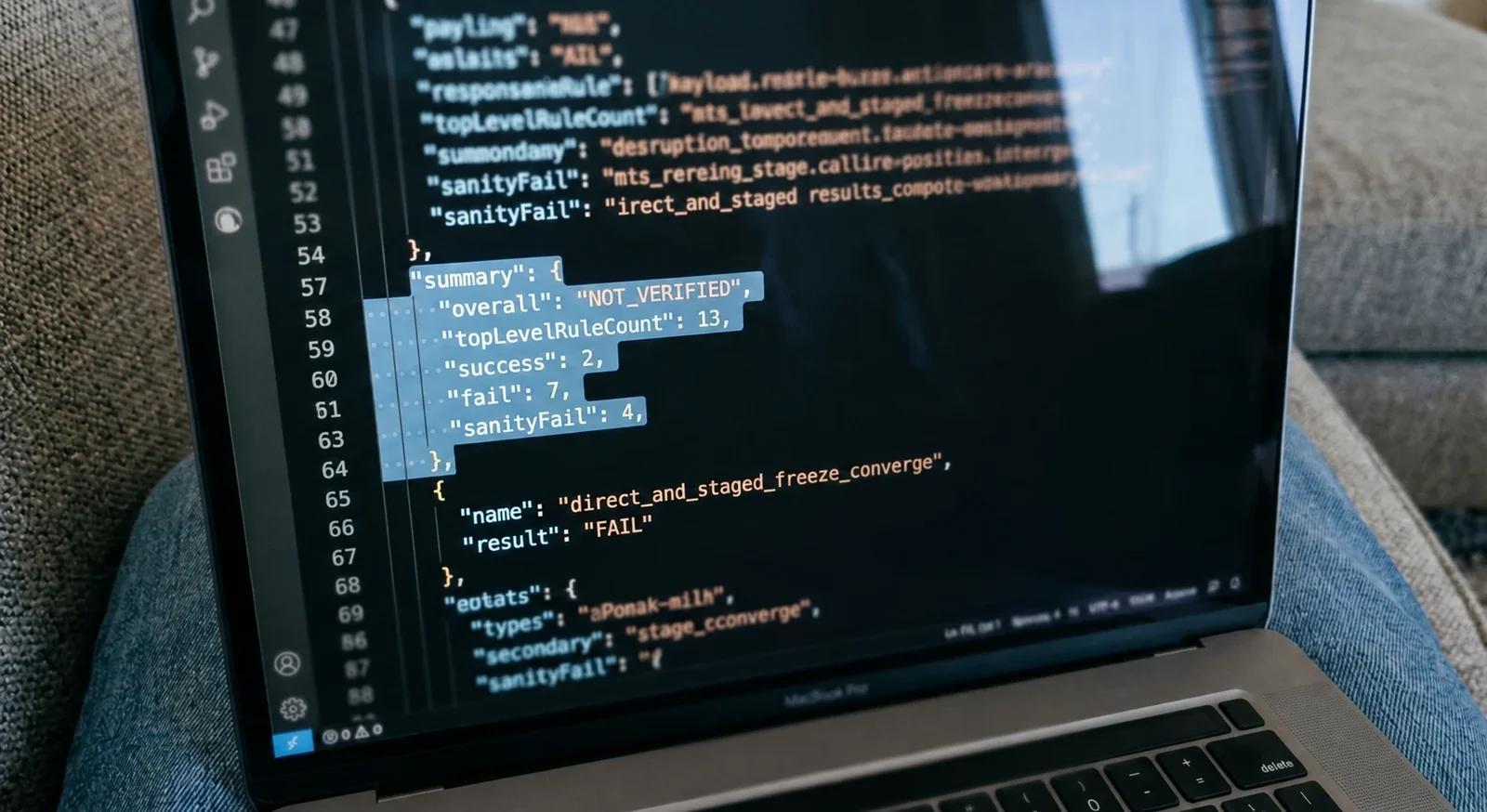 Laptop screen: Solidity formal verification run summary NOT_VERIFIED, 2 of 13 rules passed