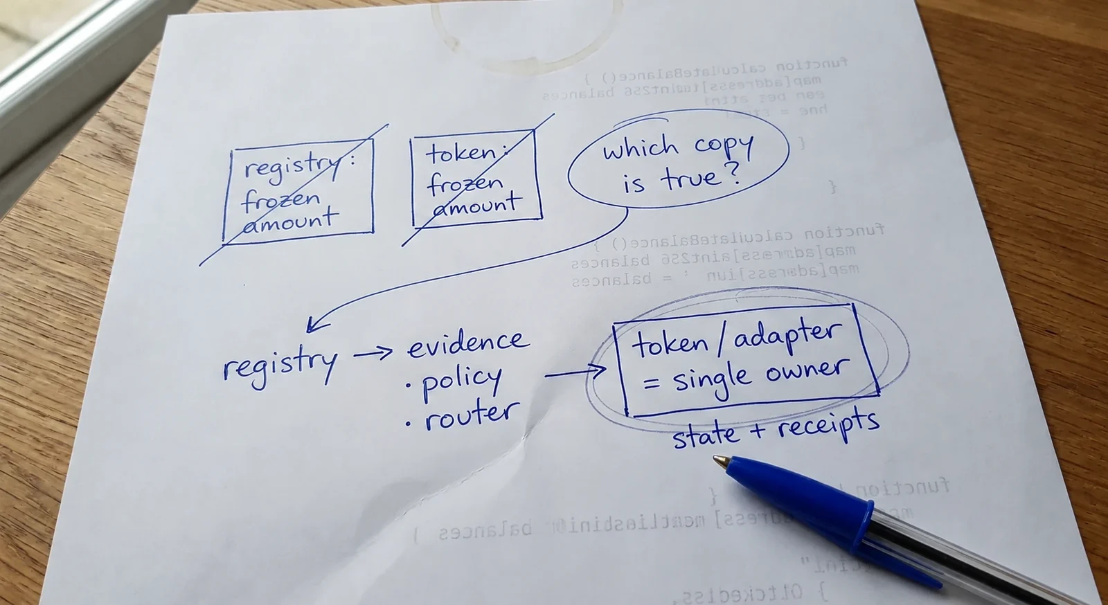 Pen sketch for Solidity formal verification: two frozen-amount copies crossed out, one owner circled