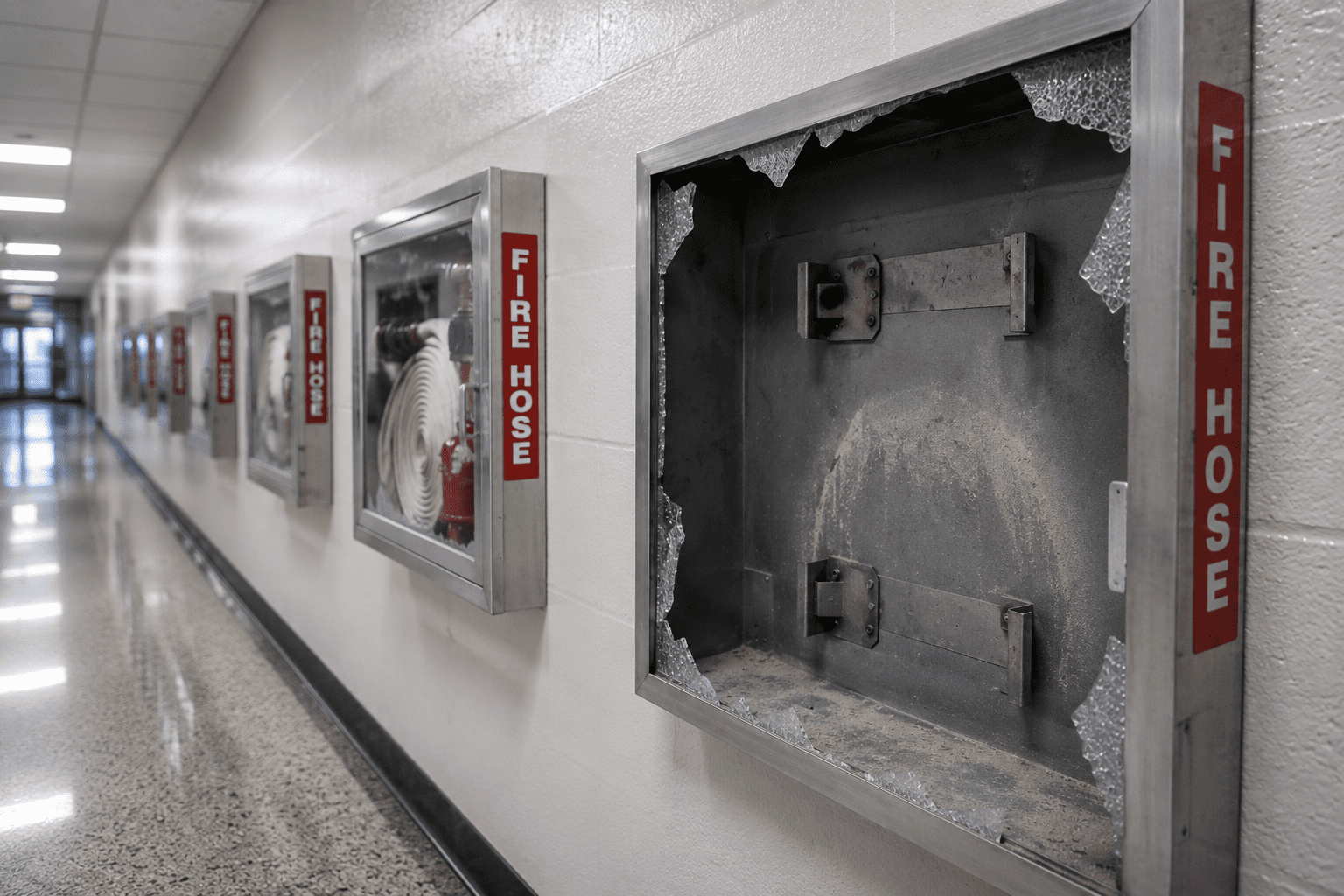 A hallway of fire hose cabinets where the nearest one has shattered glass and no hose, while the cabinets beyond stay full.