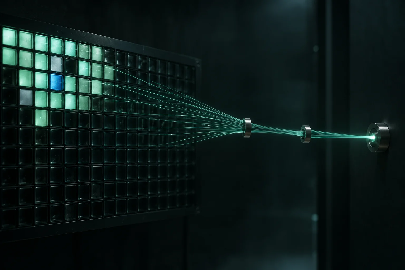 StateSync-GKR prover: a few lit cells in a dark glass grid send fibers through rings to one point