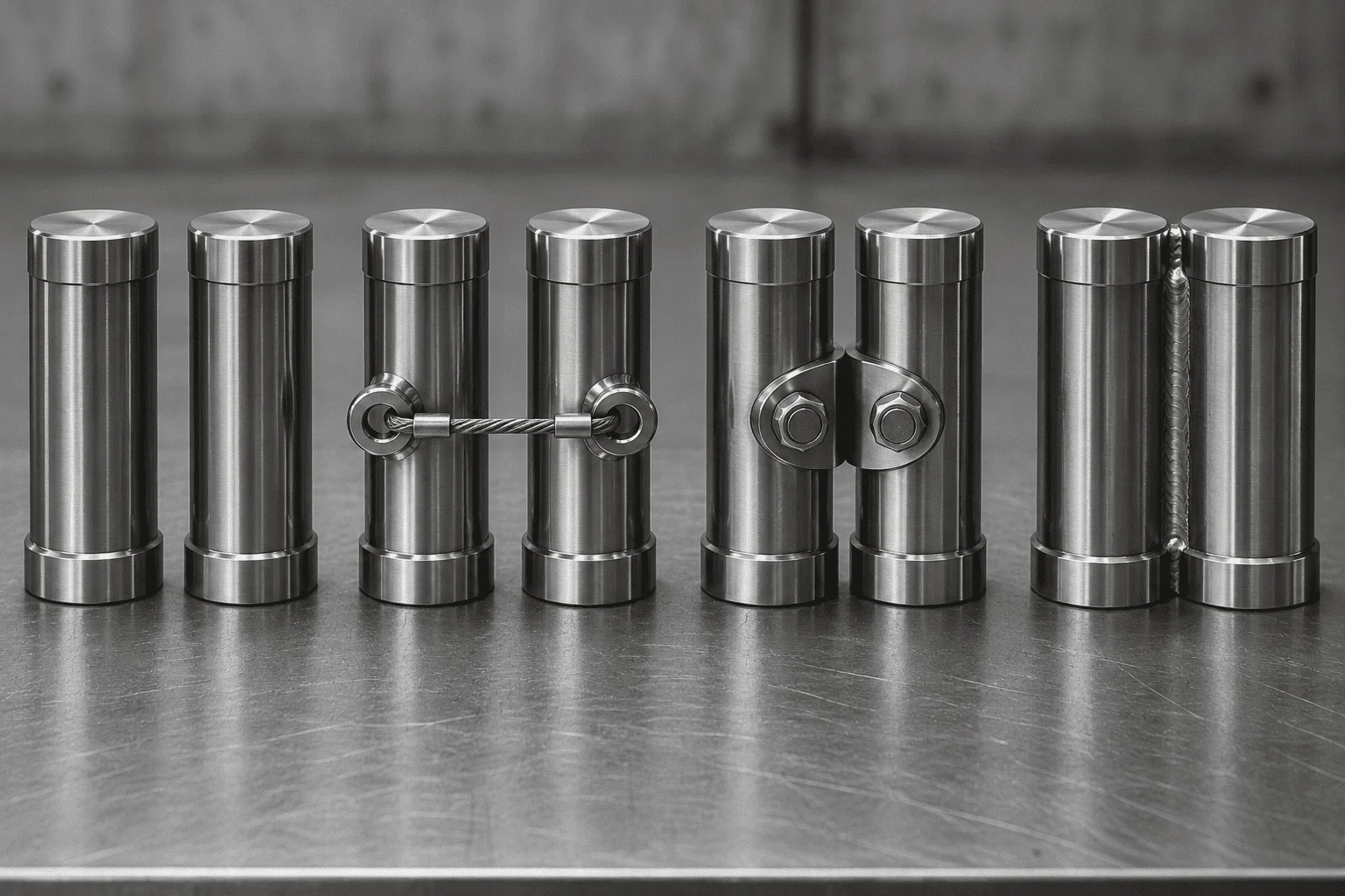 Four pairs of steel cylinders on a metal bench: standing apart, tied by a cable, bolted by a bracket and welded.