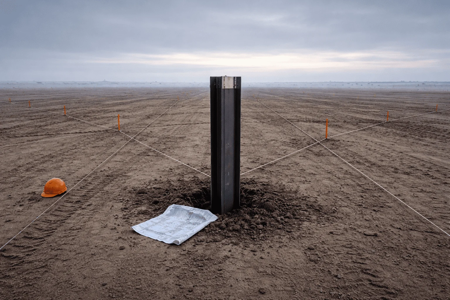 A single steel pile stands upright in bare earth on a vast construction site, with string lines, a hard hat and a blueprint.