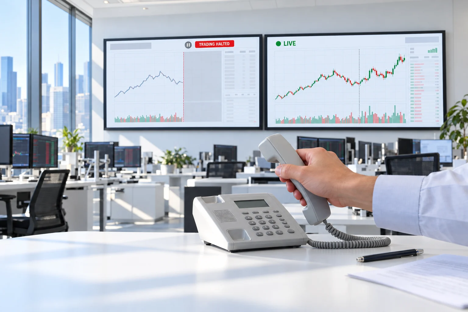 Tokenized stock trading desk: a hand lifts the phone below screens reading trading halted and live