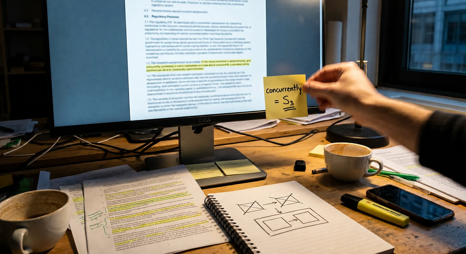 Tokenized stock trading desk: a sticky note reading concurrently = S3 beside a highlighted rule