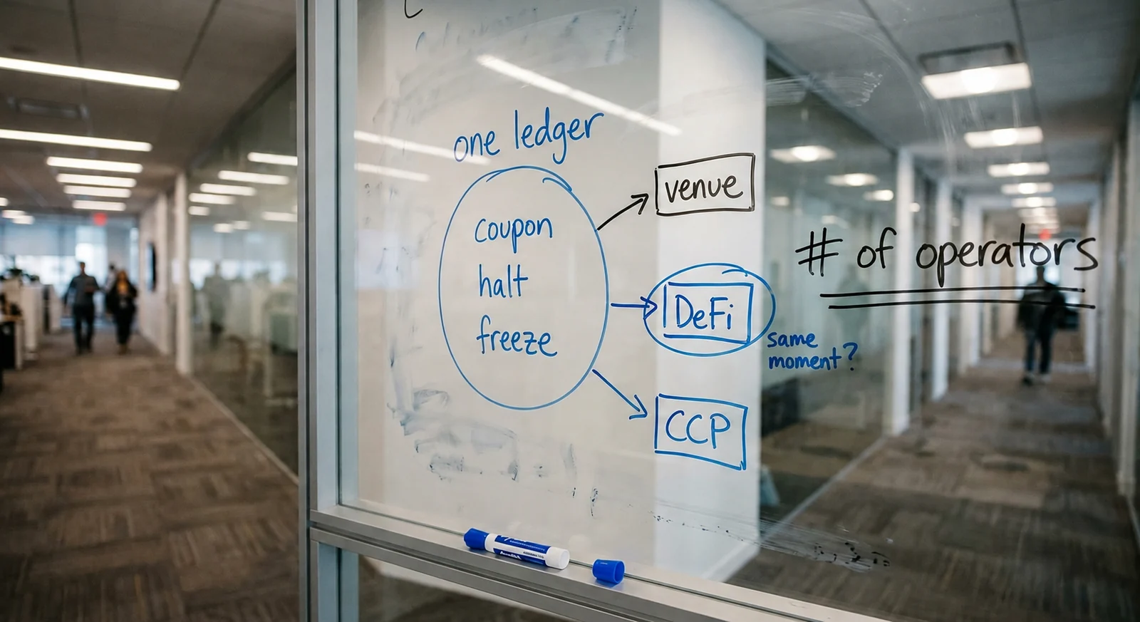 Tokenized stock trading sketch on glass: one ledger circle, arrows out to venue, DeFi and CCP
