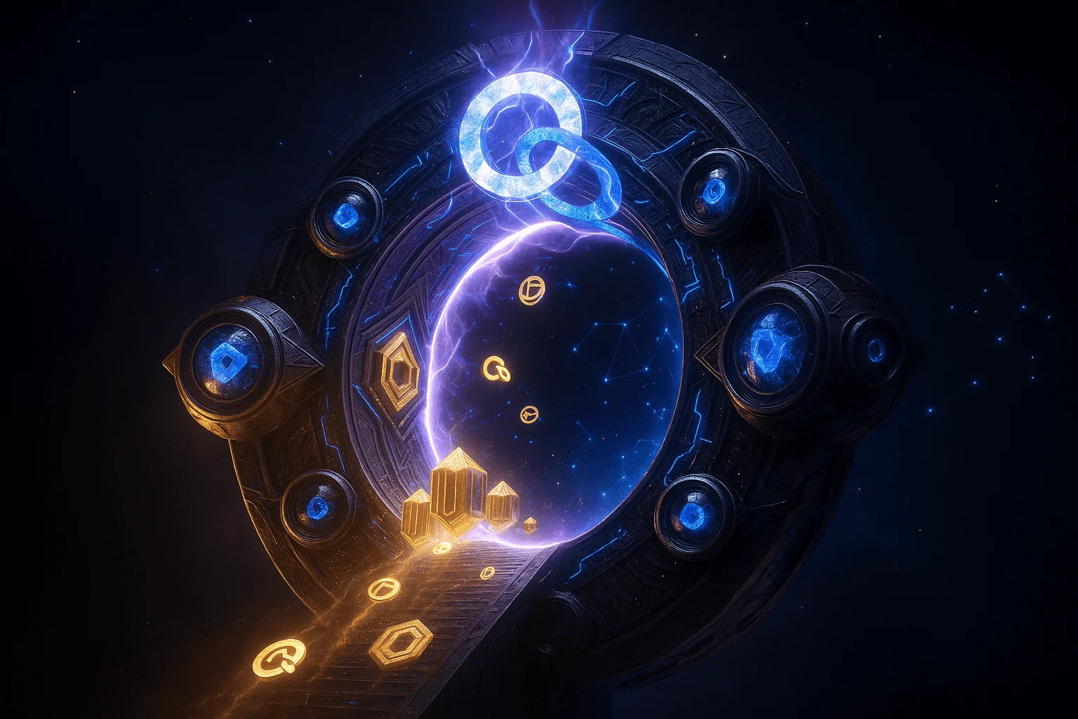 A dark stone portal ring in starry space, two interlocked blue rings glowing at its top, golden tokens streaming into it.