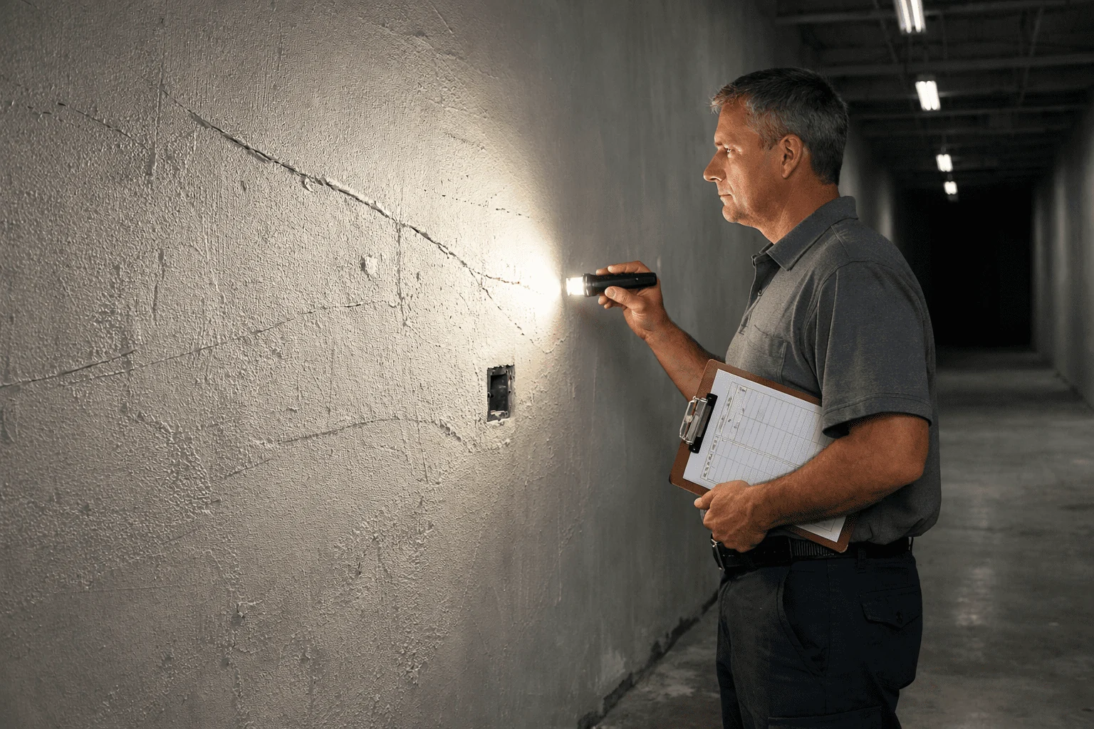 A man shines a flashlight on a crack in a concrete corridor wall, a clipboard with a checklist in his other hand