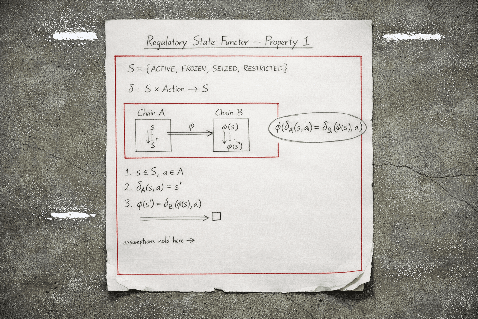 Pencil sketch on a torn sheet over concrete: four states, δ, Chain A mapped to Chain B by φ, and the circled equation