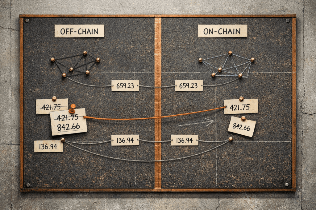 Wall-mounted cork board showing off-chain to on-chain state synchronization, with one changed value connected by an orange thread propagating the update across the center divide.
