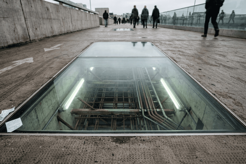 Glass panel in concrete walkway revealing dense steel reinforcement beneath, evoking cryptographic proofs underlying state synchronization