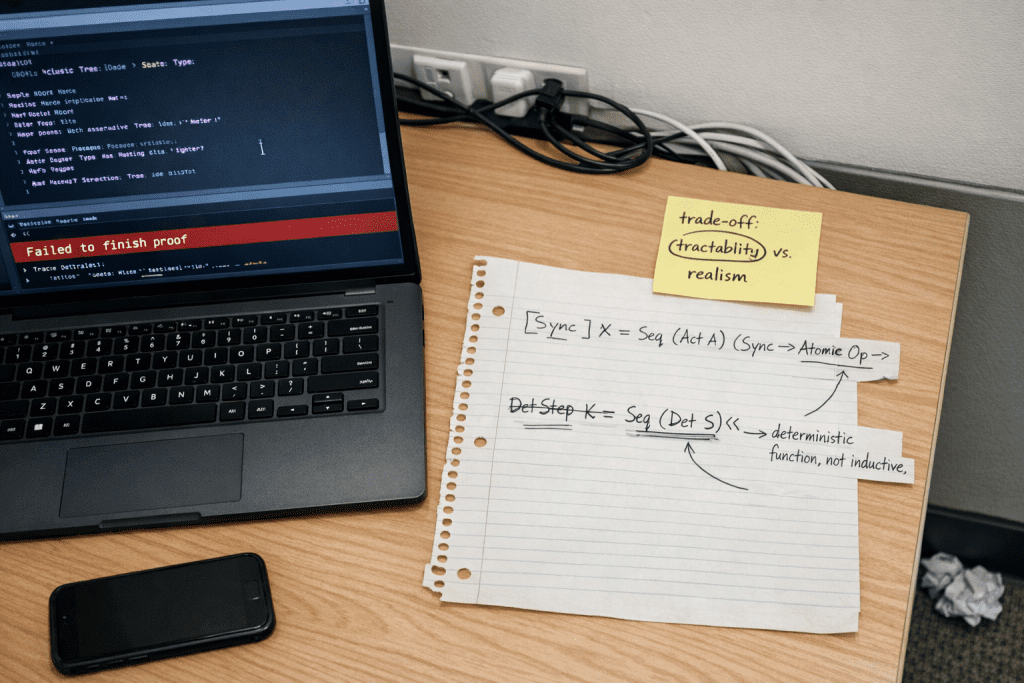 Failed proof on laptop beside handwritten notes reworking state preservation sync as atomic