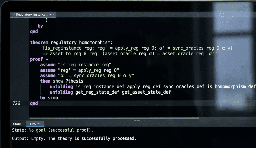 An Isabelle/HOL editor screen showing the final qed of the regulatory_homomorphism proof in Regulatory_Instance.thy with no sorry and a clean output panel, the moment cross-domain state preservation became machine-verified mathematical certainty