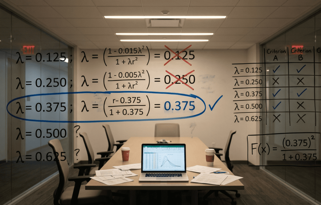 Lambda decay constant candidates tested against boundary conditions on glass wall with reward pool criteria matrix