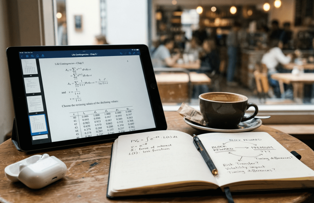 Actuarial mathematics textbook and handwritten notes exploring reward pool decay as insurance premium on a cafe table