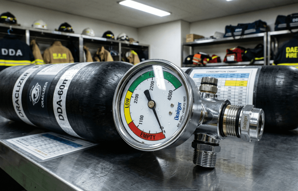 SCBA air cylinder pressure gauge showing remaining capacity in the green zone with yellow and red alert zones ahead, representing the node incentive pool reserve levels and three-stage emergency protocol thresholds.