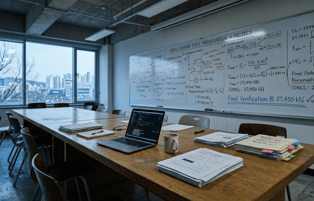 Cross-domain state preservation project whiteboard with final verification confirmed, laptop and research papers on the table after proof completion