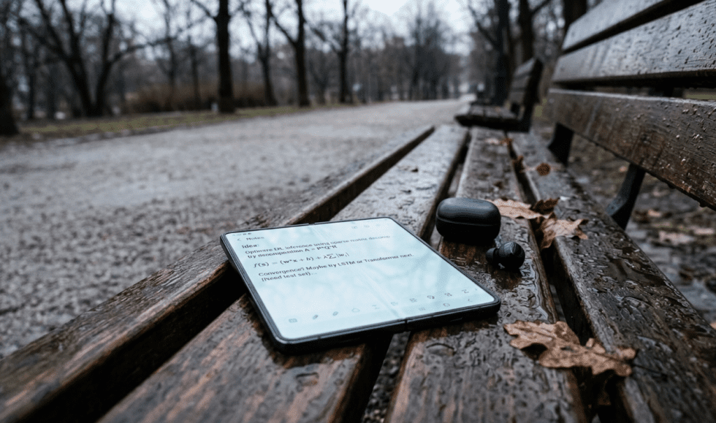 Unfolded Galaxy Z Fold on a wet park bench showing hastily typed proof notes beside wireless earbuds, capturing the moment a key insight about Byzantine fault verification emerged during a walk