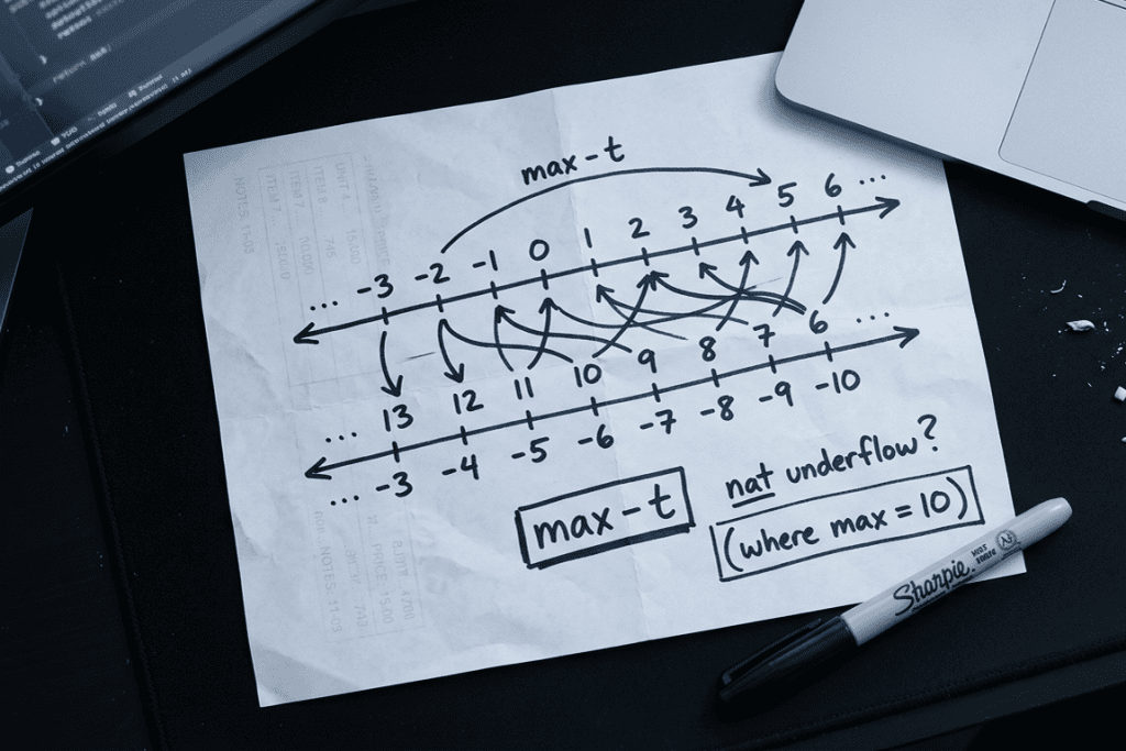 umber line inversion diagram drawn in marker on smoothed-out scrap paper lit only by laptop screen glow with a note questioning nat underflow