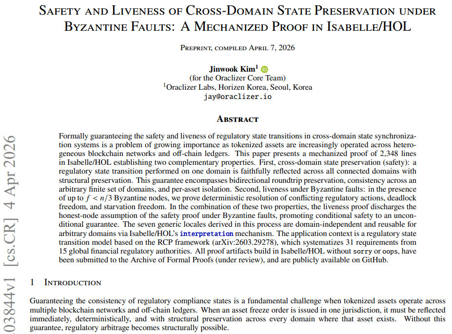 First page of Oraclizer's formal verification paper on arXiv (2604.03844)