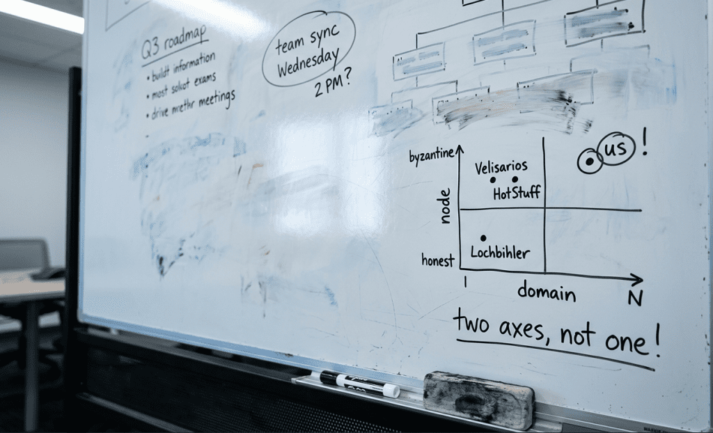 Lower corner of a corporate meeting room whiteboard with a hand-drawn quadrant diagram labeled domain and node, sketched between fading ghost marks of unrelated past meetings, capturing the moment the two axes of extension first appeared