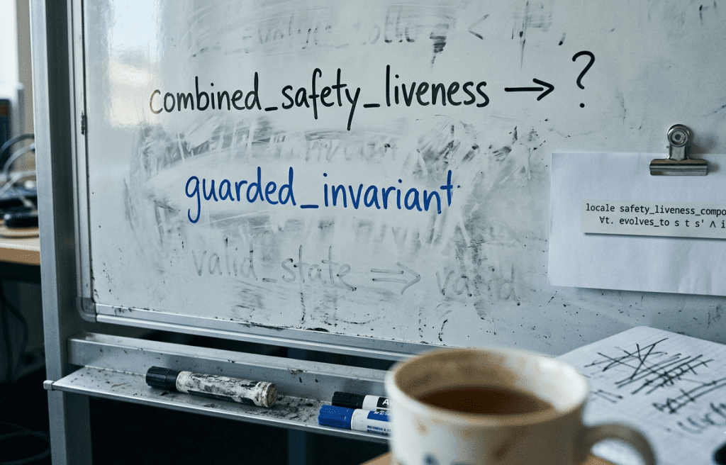 Whiteboard showing partial compositional verification notation being rewritten during the research design phase.