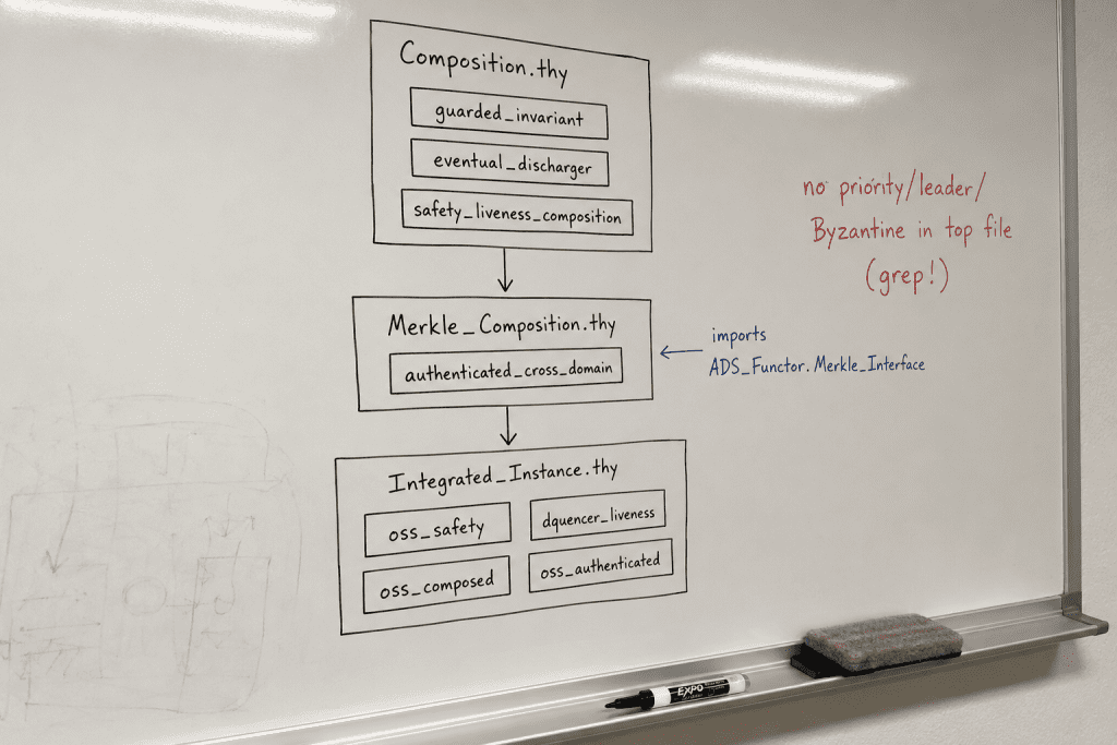 Whiteboard sketch of the four-locale compositional verification architecture, with grep enforcement notes for domain independence written in red marker on the side.
