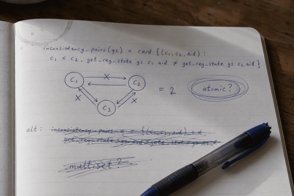 Handwritten research notes pinning down the inconsistency_pairs definition for compositional verification, with a counter-example sketch and atomicity question marked in pen.