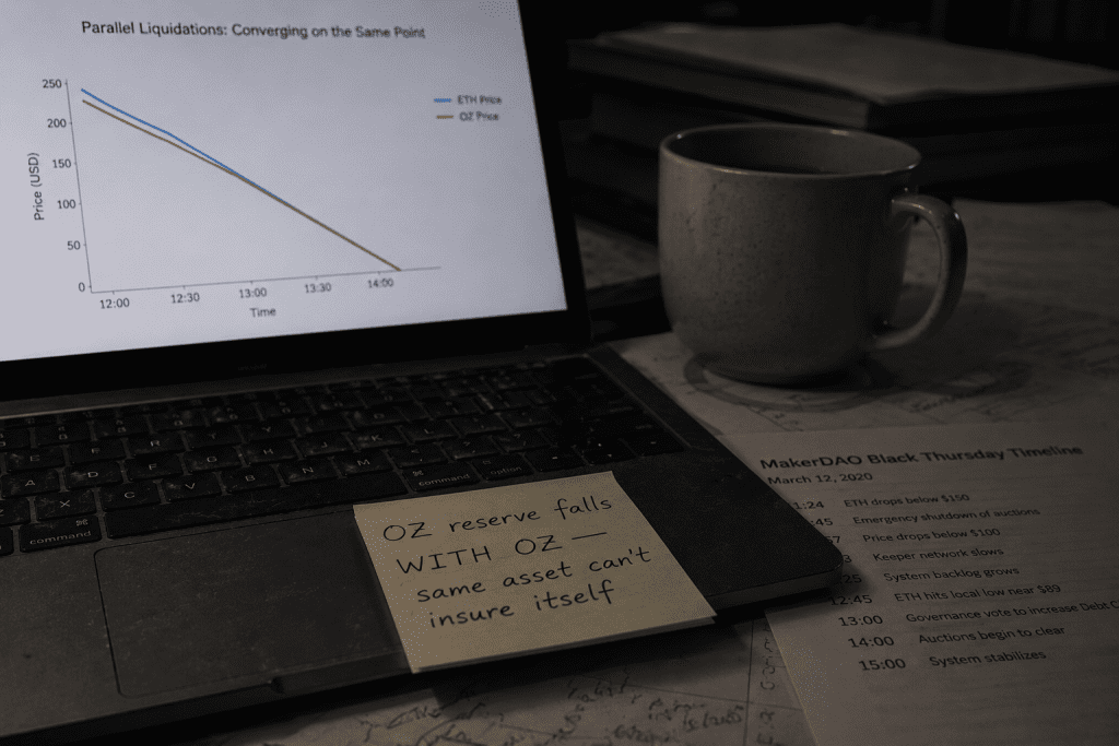 A desk note showing two price lines collapsing together, capturing the correlated-reserve flaw in staking insurance pool design.
