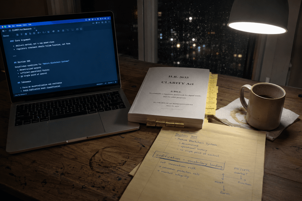A research desk showing the CLARITY Act tokenized securities bill text alongside handwritten annotations analyzing the codification of "delivery method" doctrine.
