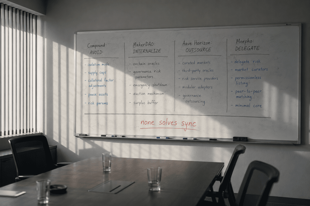 A whiteboard comparing four DeFi protocol strategies for RWA DeFi collateral with "none solves sync" written underneath summarizes the structural limit of current approaches.