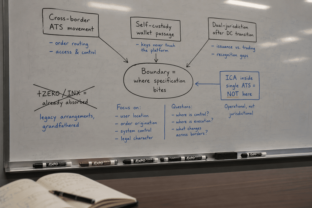 A whiteboard mapping the three boundary regions where CLARITY Act tokenized securities require new infrastructure beyond single-ATS compliance.