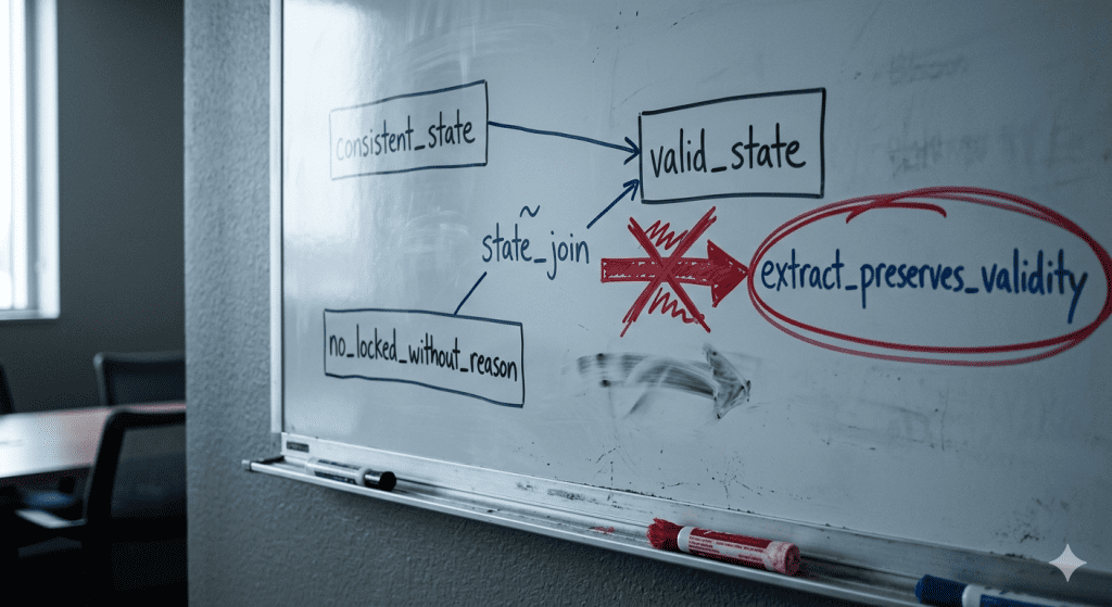 Whiteboard tracing valid_state to extract_preserves_validity, not the glue predicate; cross-domain state preservation functor