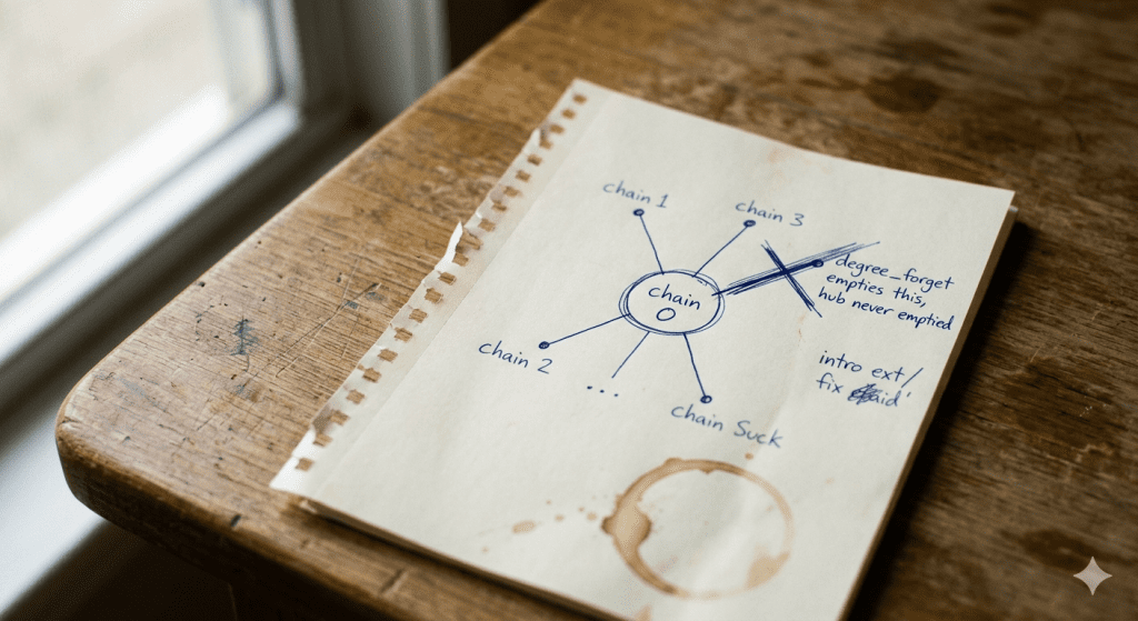 Hand-drawn hub-and-spoke sketch fixing chain 0 to clear the partiality wall; cross-domain state preservation functor