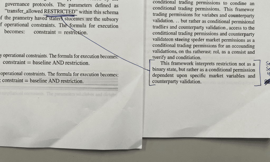 Two printouts joined line by line on the restricted transfer rule; regulatory action composition