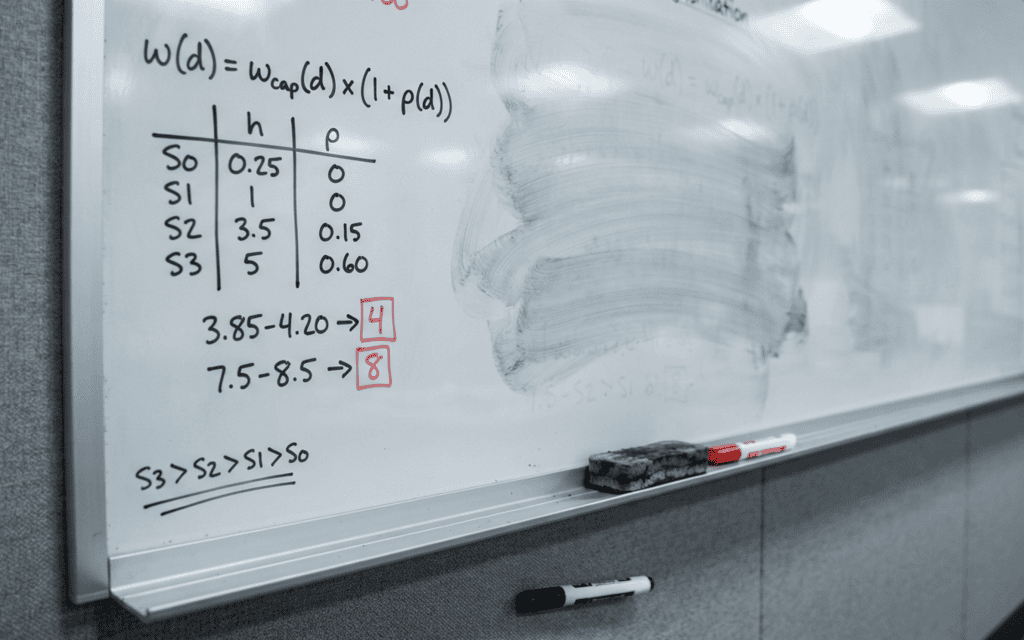 Whiteboard derivation of the degree weights 4 and 8; oracle usage metering