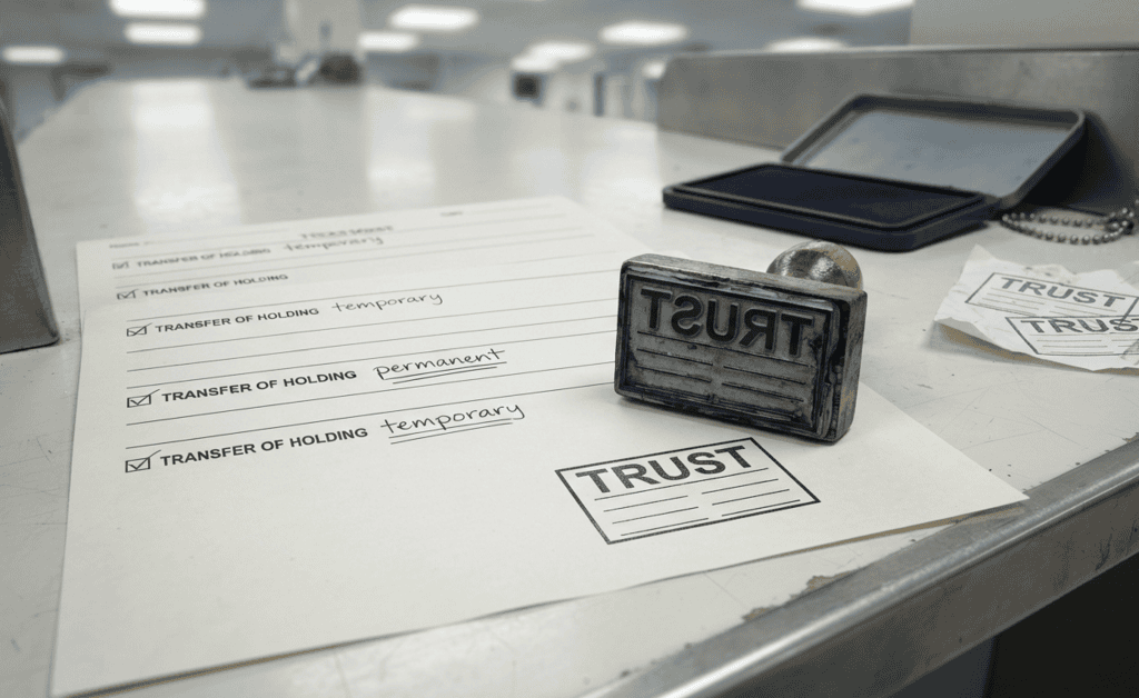 A rubber stamp reading TRUST that prints ruled empty fields onto a filed form; ERC-TRUST enforceability