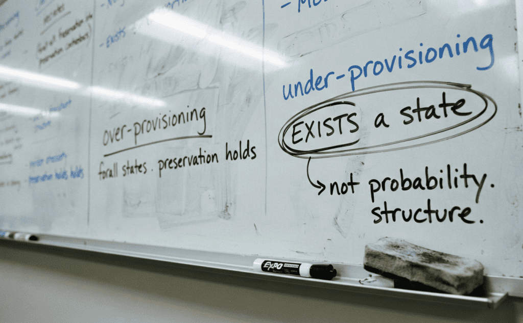 Whiteboard notes contrasting over-provisioning and under-provisioning in the sync degree hierarchy, with the existential case circled.