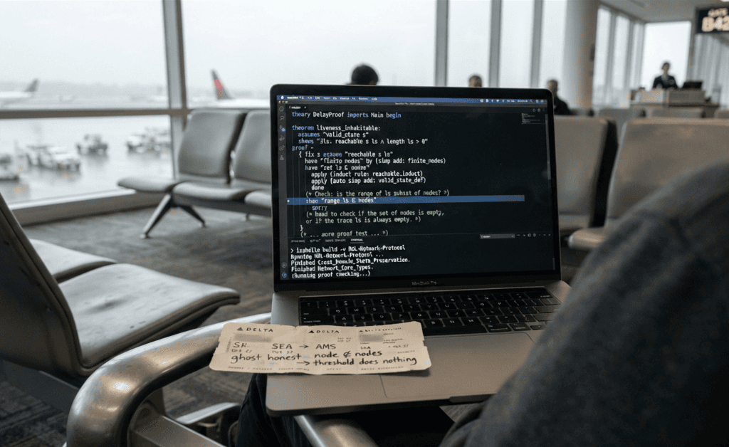 Laptop at an airport gate showing range ls subset nodes added to liveness_inhabitable; Byzantine threshold load-bearing